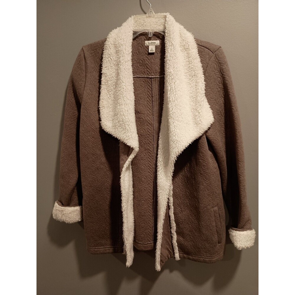 L.L.Bean Womens Small Brown Quilted Sherpa Lined Open Front Cardigan Jacket Coat